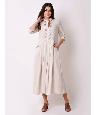 Beige Women's Button Down Pleated Dress 1