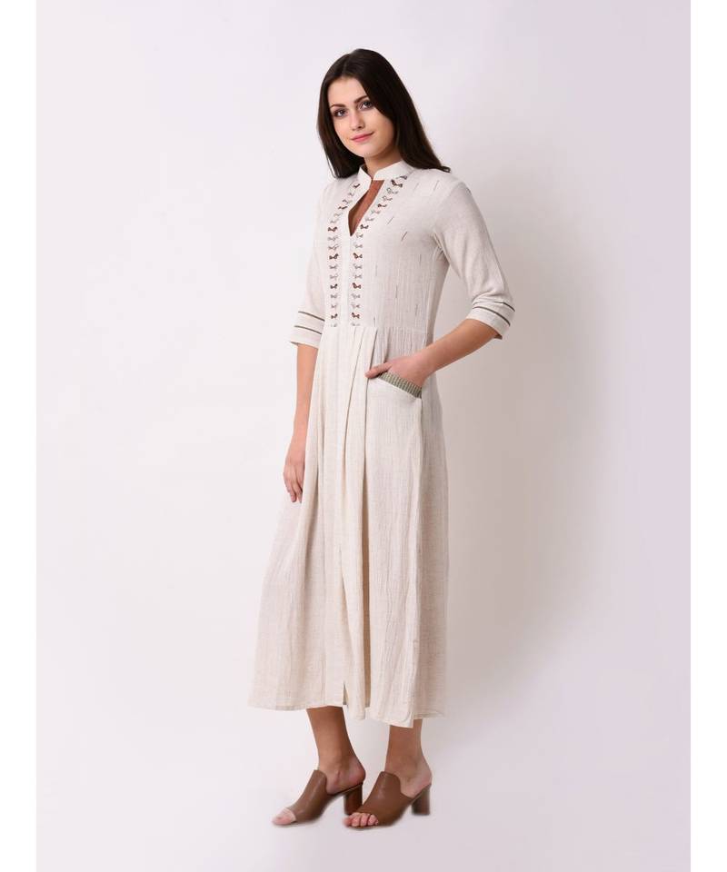 Beige Women's Button Down Pleated Dress