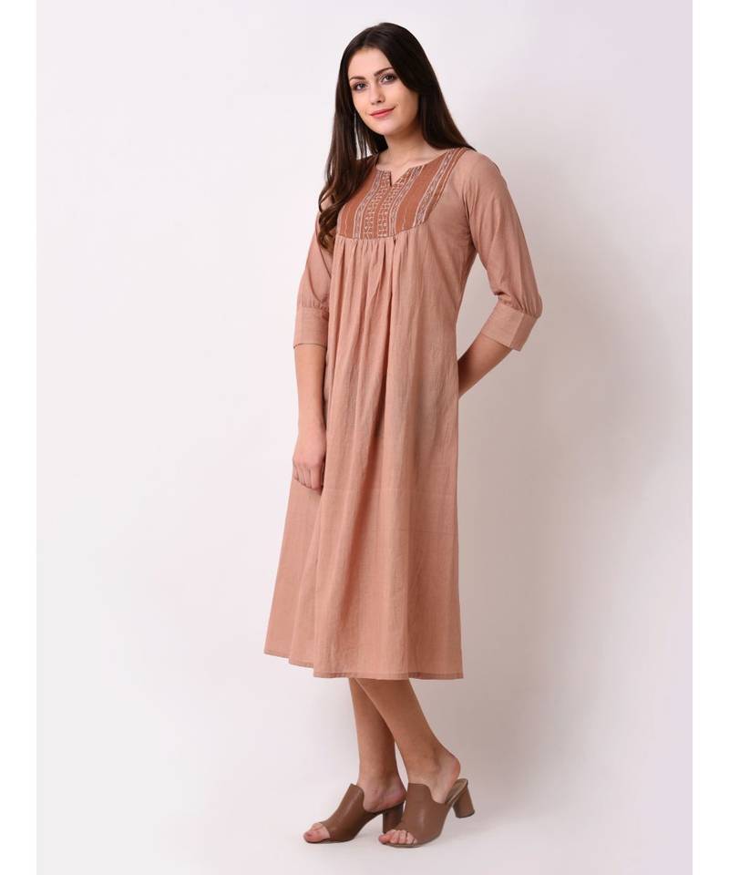 Brown Women's Tribal Emboidered Kurta Dress