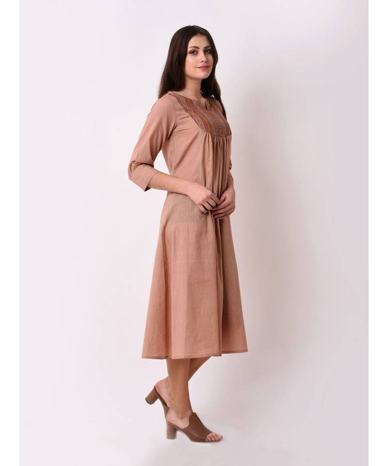 Brown Women's Tribal Emboidered Kurta Dress