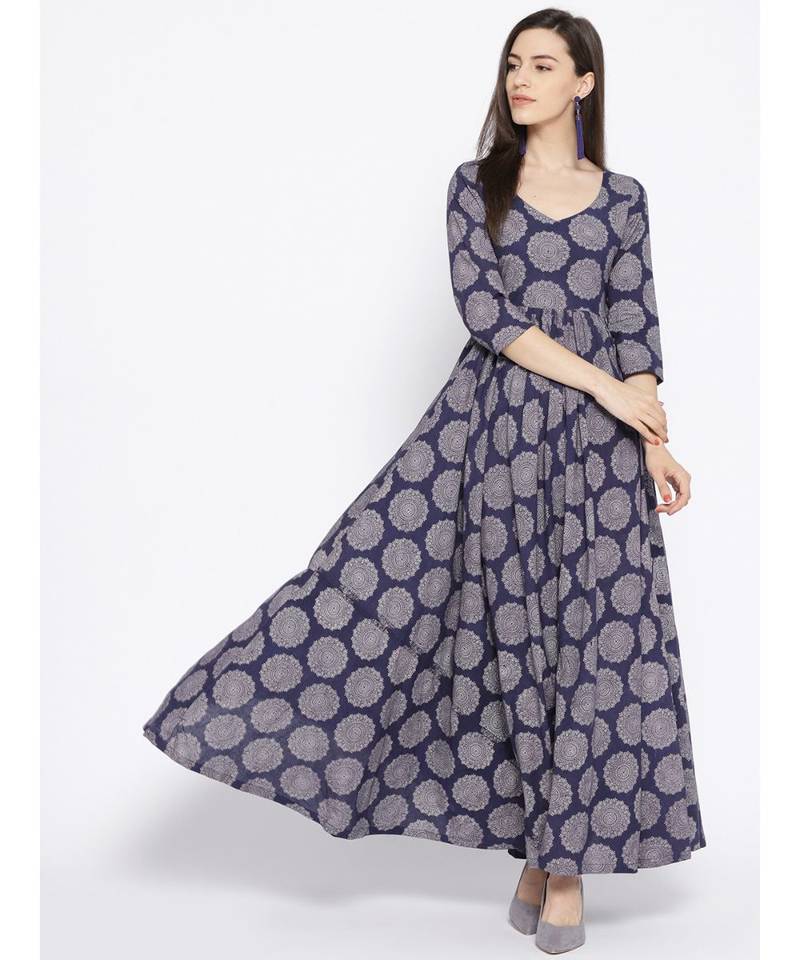 Blue Ajrak Print Long Dress
