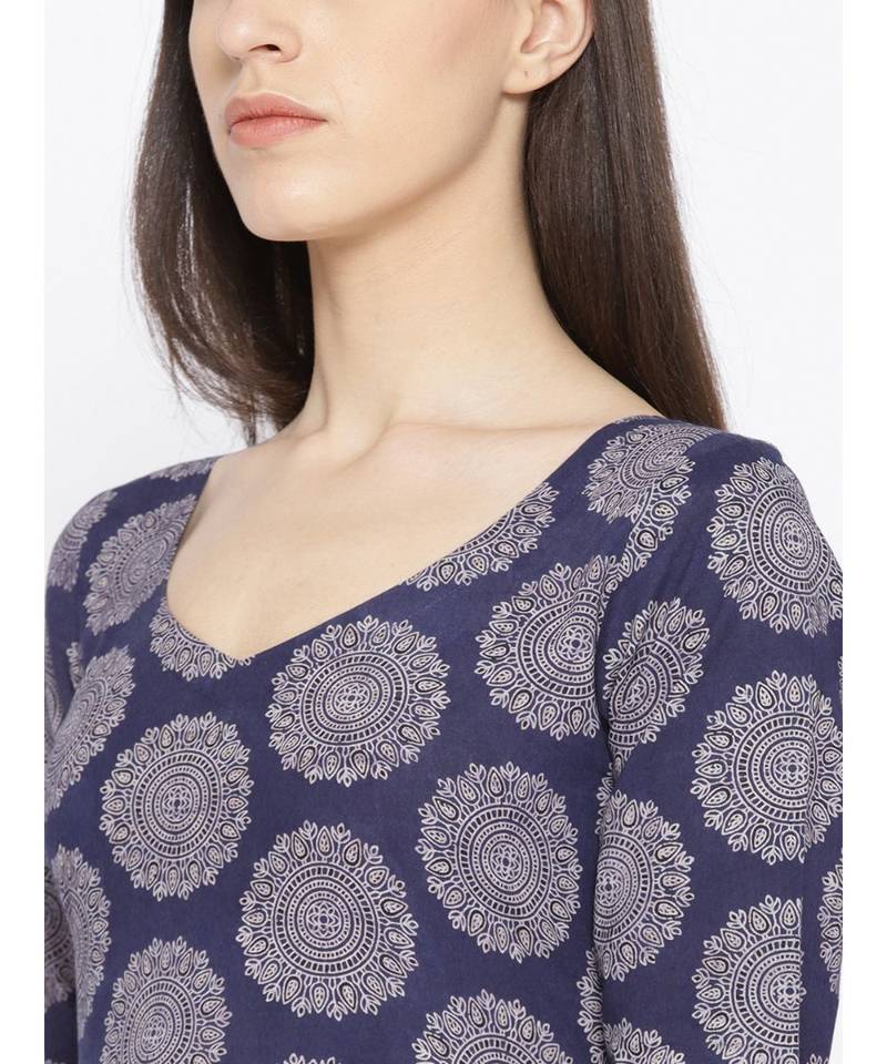 Blue Ajrak Print Long Dress