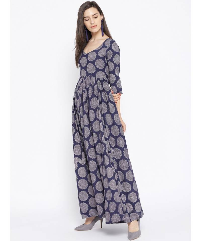 Blue Ajrak Print Long Dress