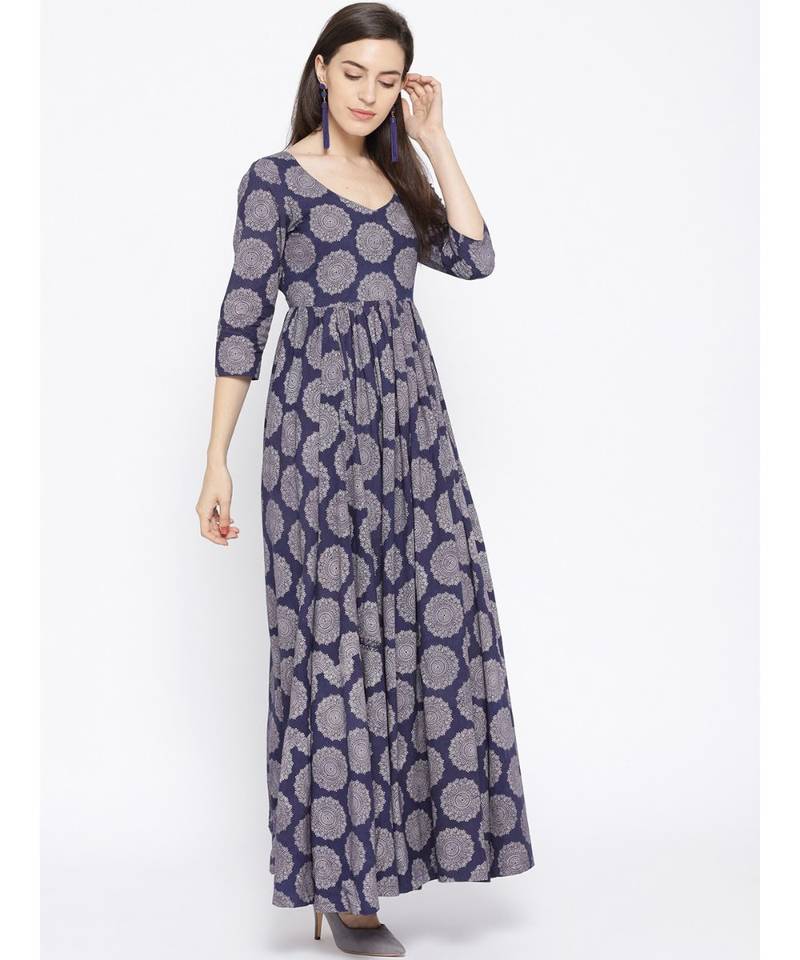 Blue Ajrak Print Long Dress