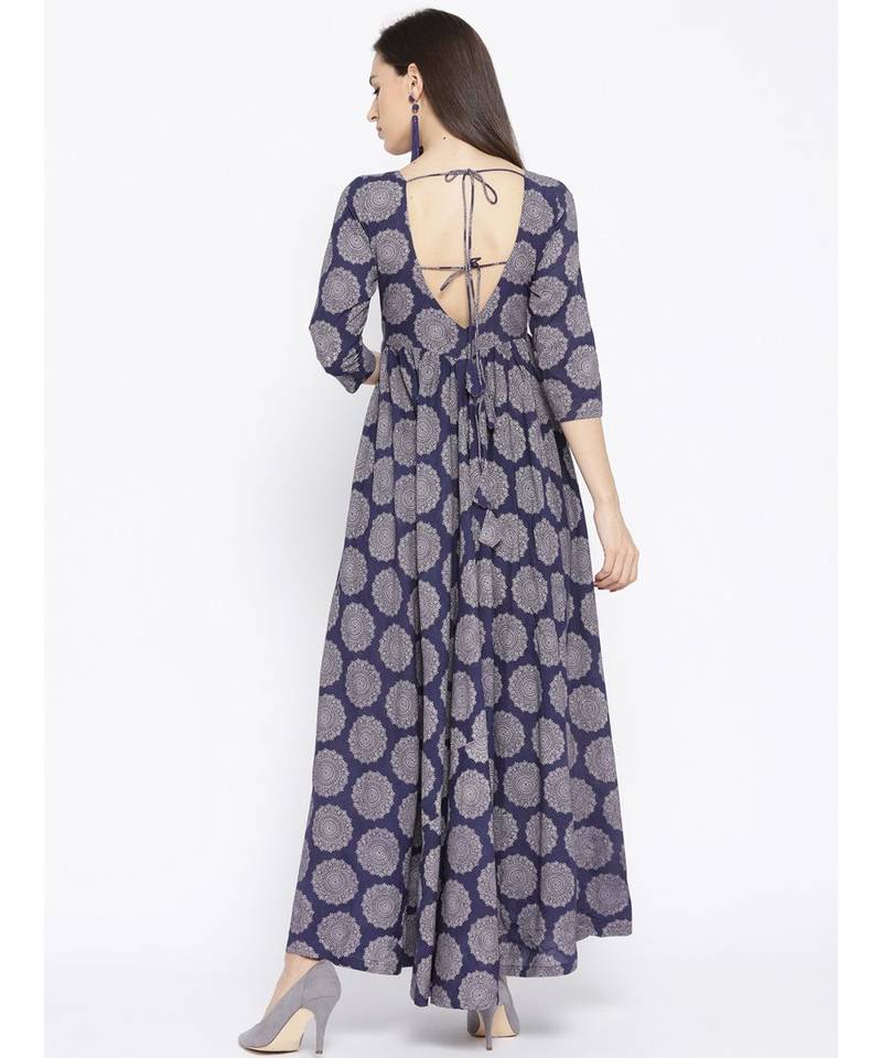 Blue Ajrak Print Long Dress