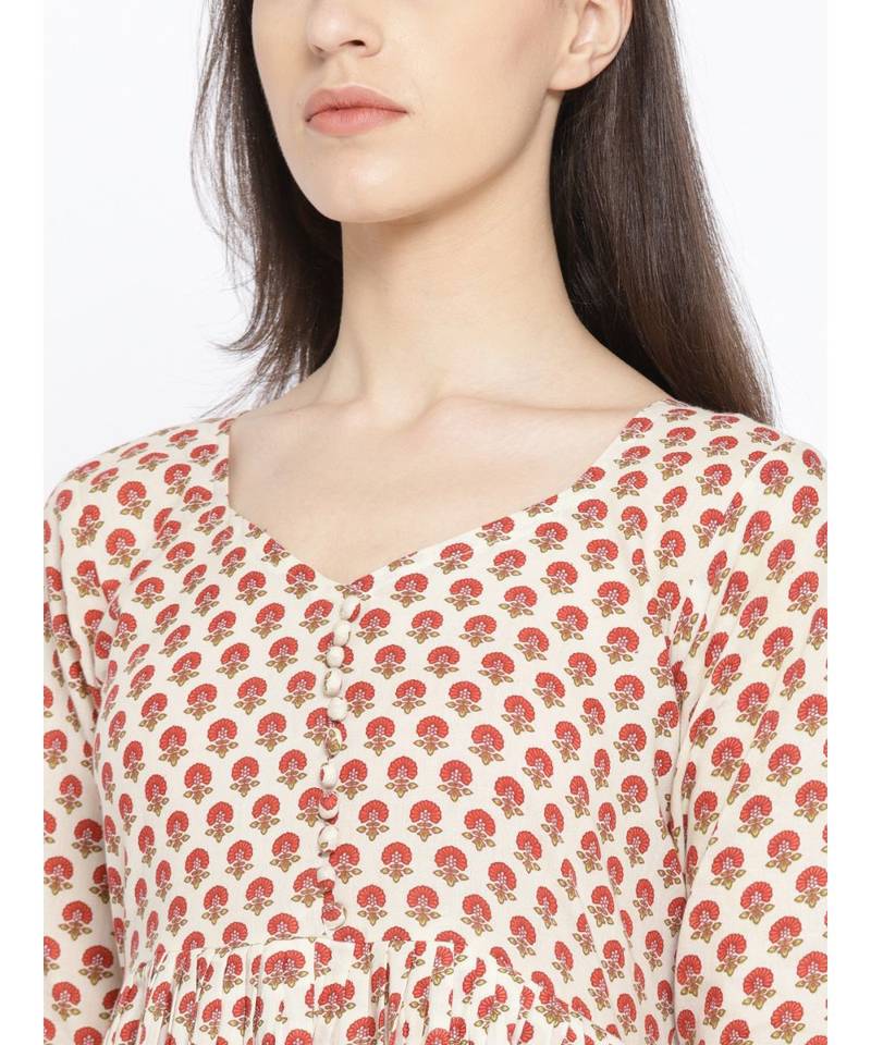 Red Sanganeri Butti Potali Button Dress