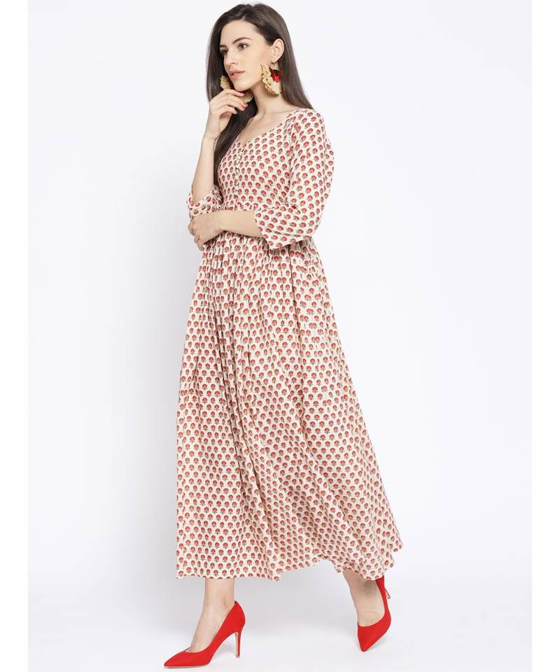 Red Sanganeri Butti Potali Button Dress