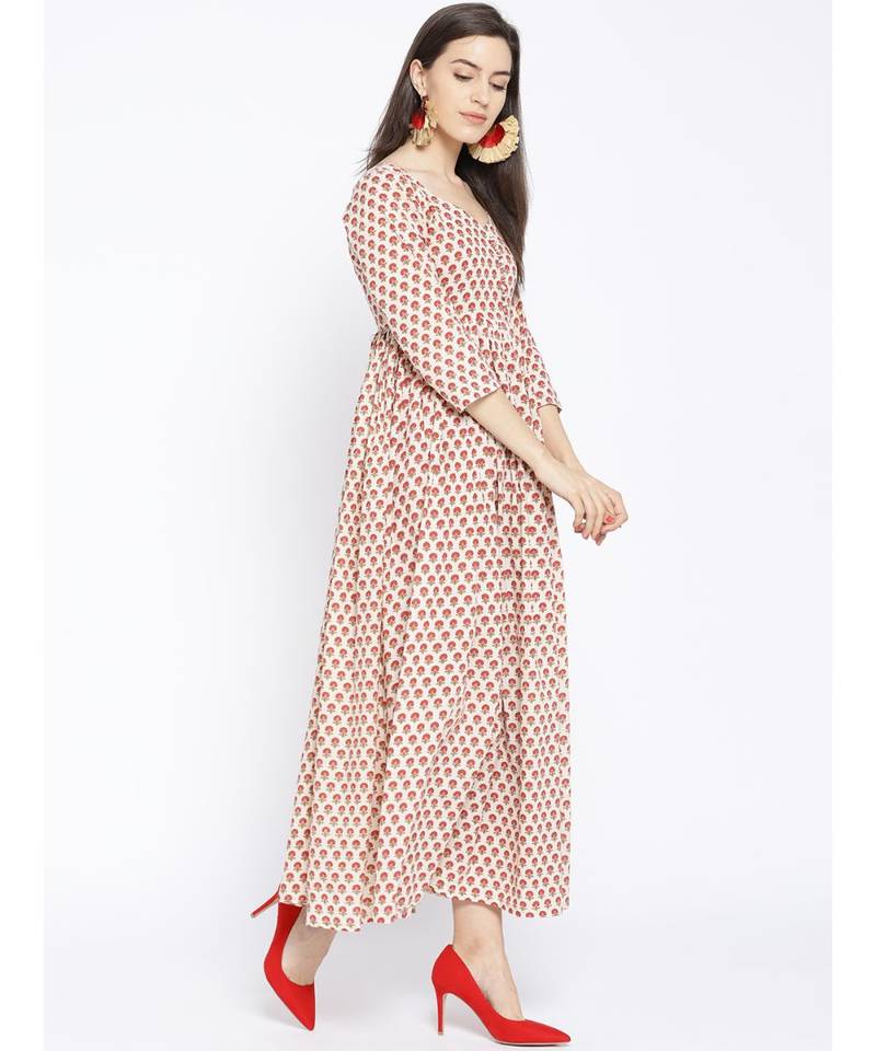 Red Sanganeri Butti Potali Button Dress