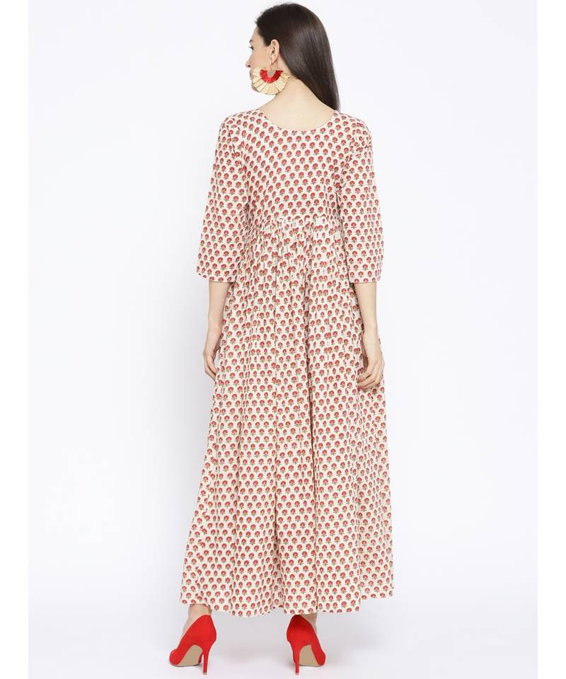 Red Sanganeri Butti Potali Button Dress