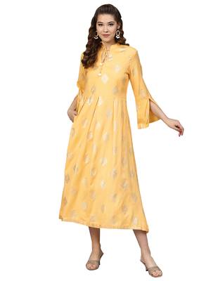Yellow Rayon Flex Foil Print Dress 1