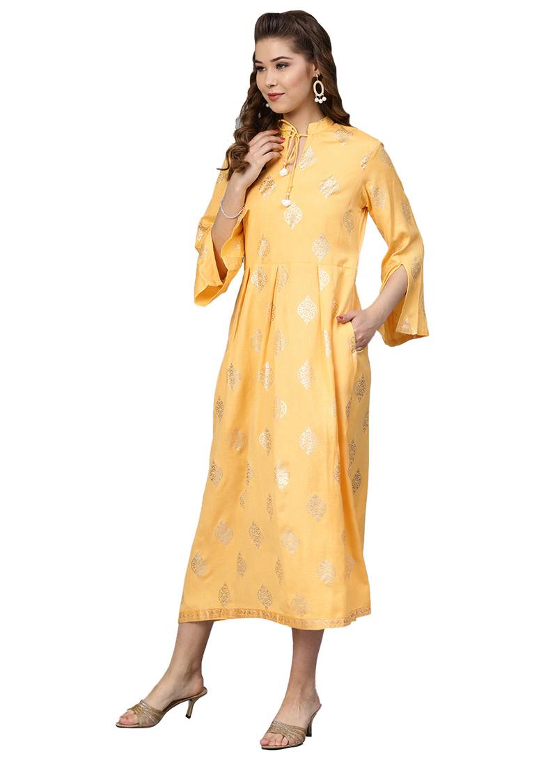 Yellow Rayon Flex Foil Print Dress