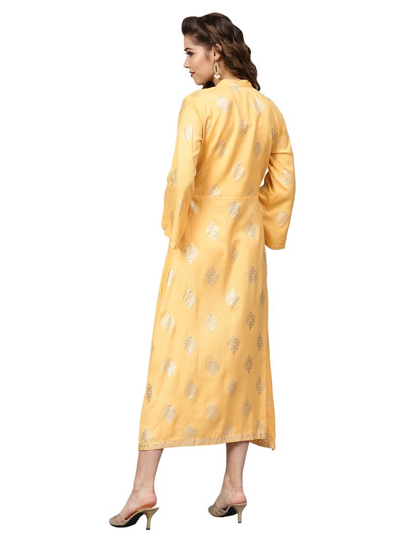 Yellow Rayon Flex Foil Print Dress