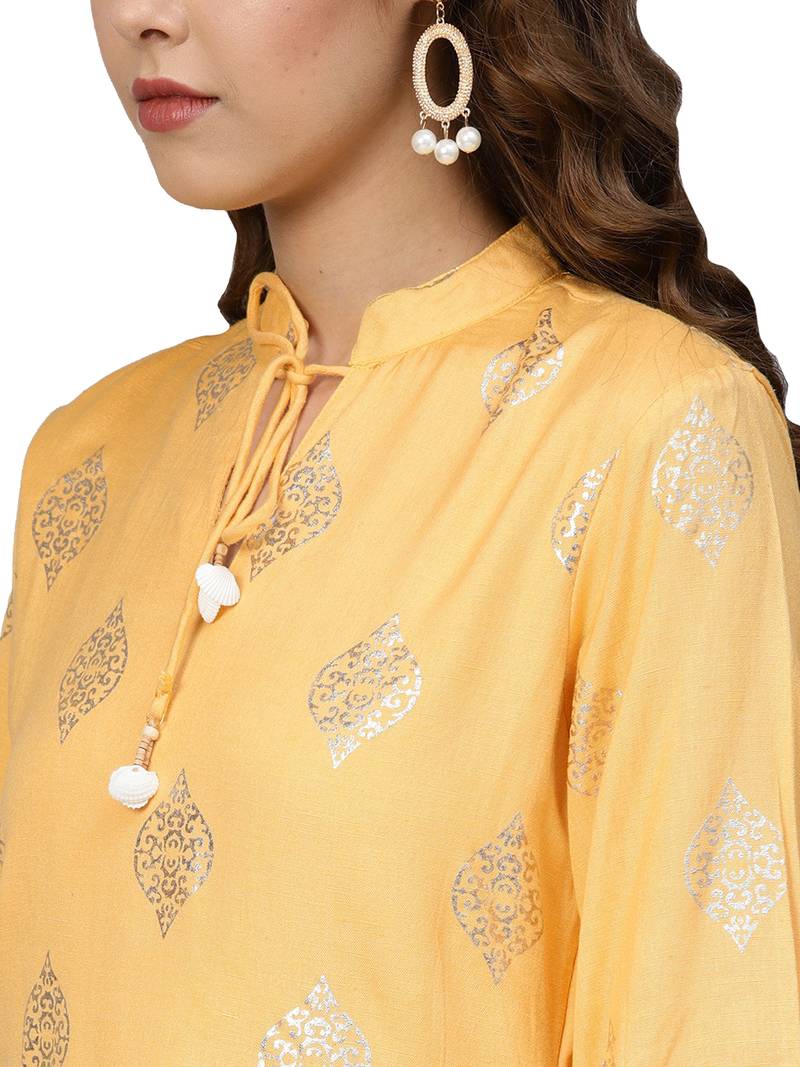 Yellow Rayon Flex Foil Print Dress