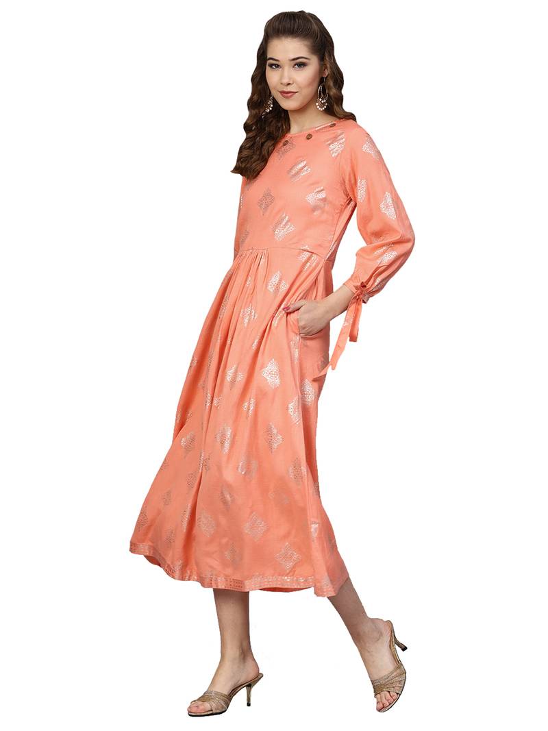 Peach Rayon Flex Foil Print Dress