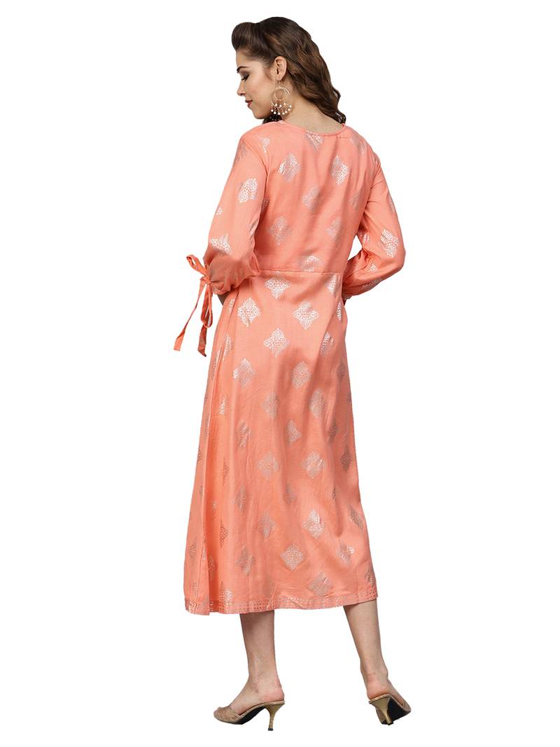 Peach Rayon Flex Foil Print Dress