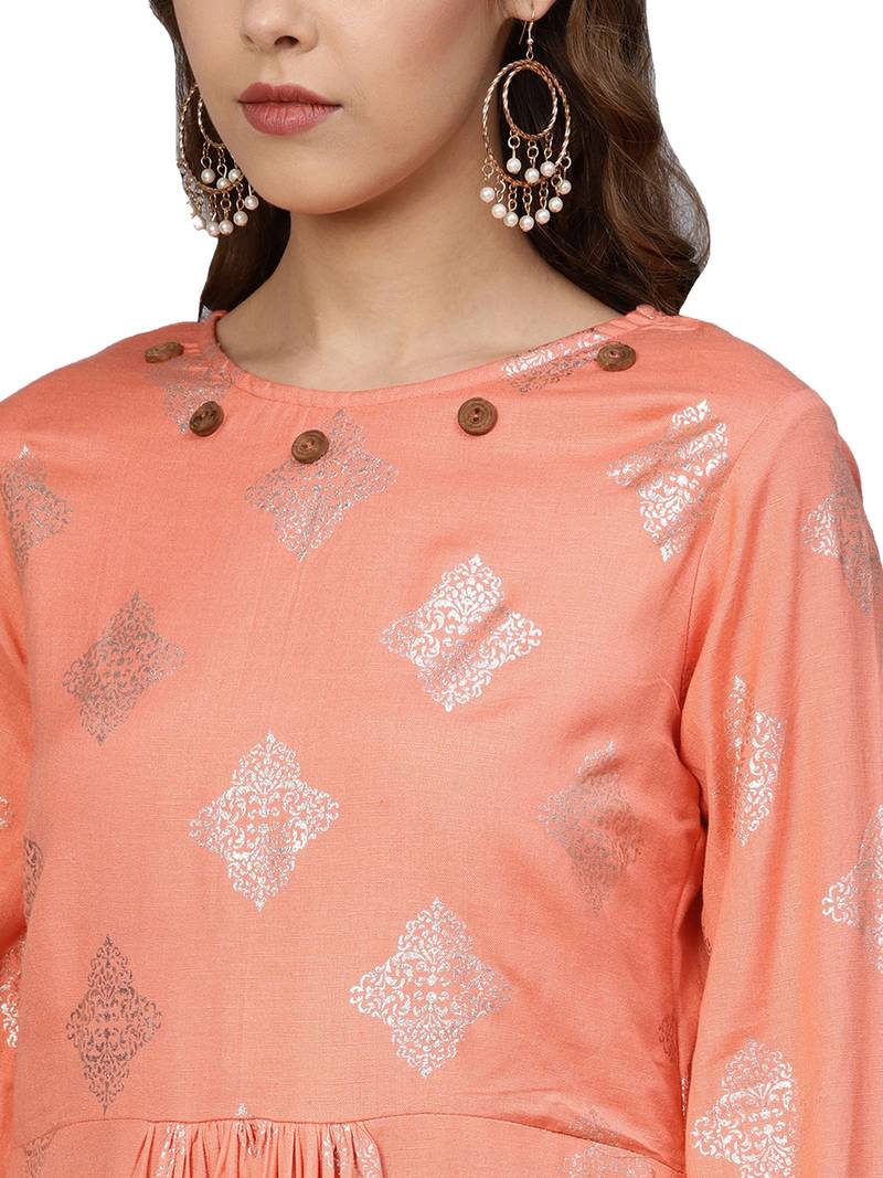 Peach Rayon Flex Foil Print Dress