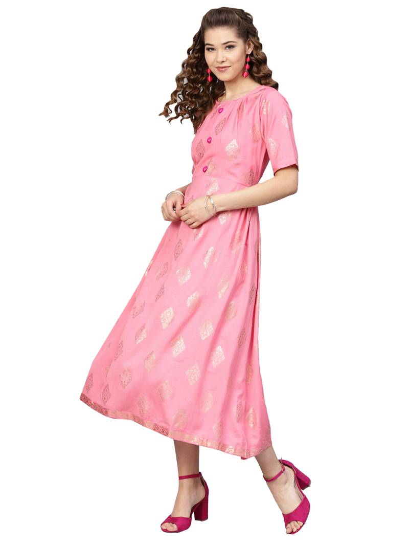 Pink Rayon Flex Foil Print Dress