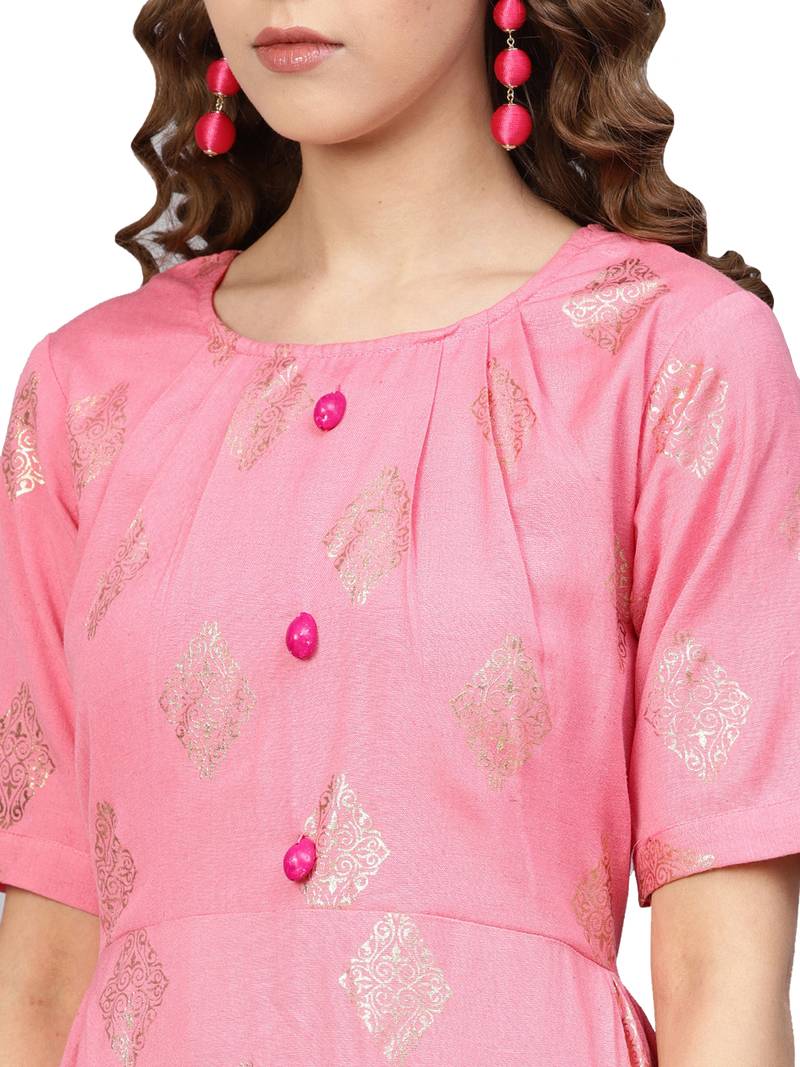 Pink Rayon Flex Foil Print Dress