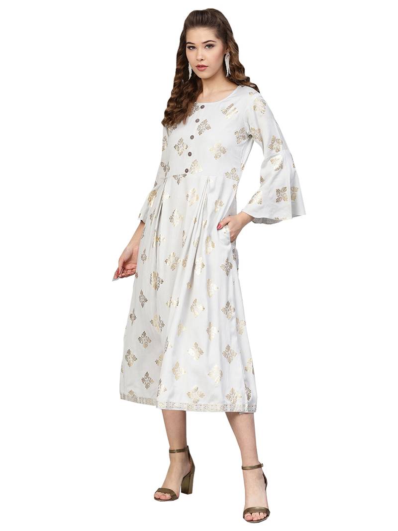 Grey Rayon Flex Foil Print Dress