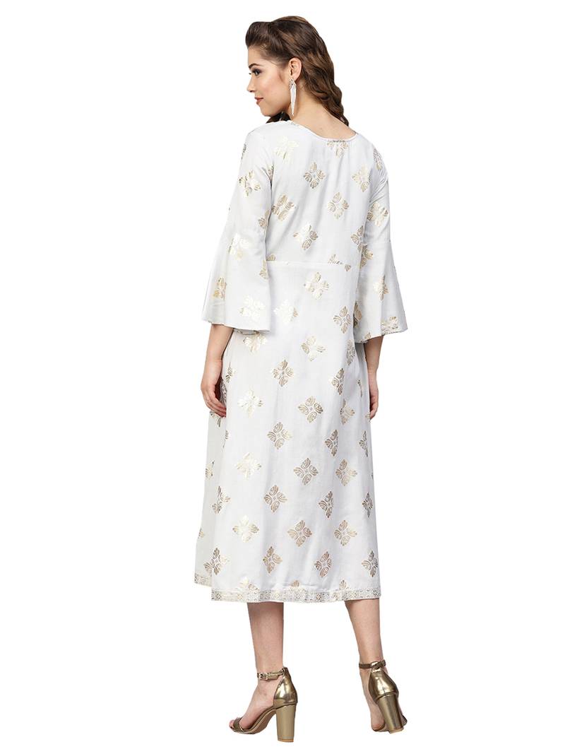 Grey Rayon Flex Foil Print Dress