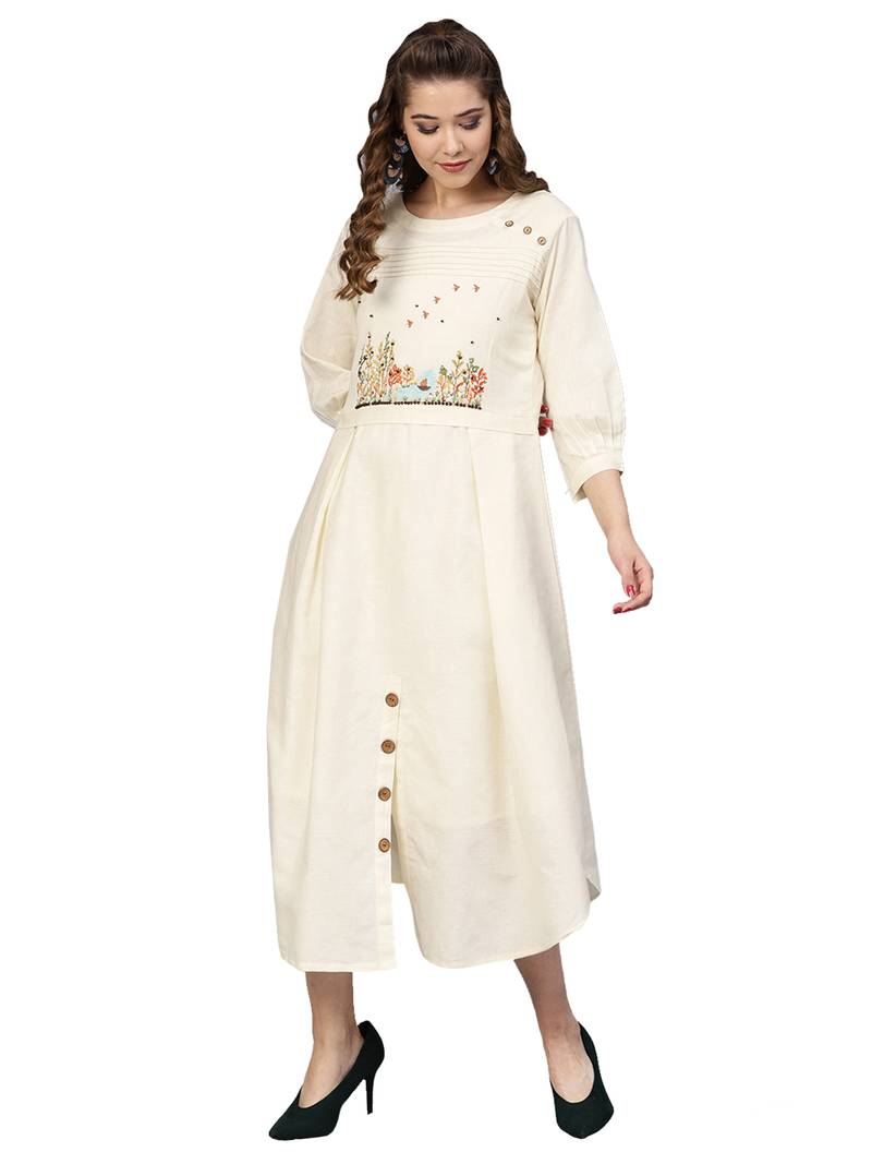 Off White Cotton Flex Embroidered Dress