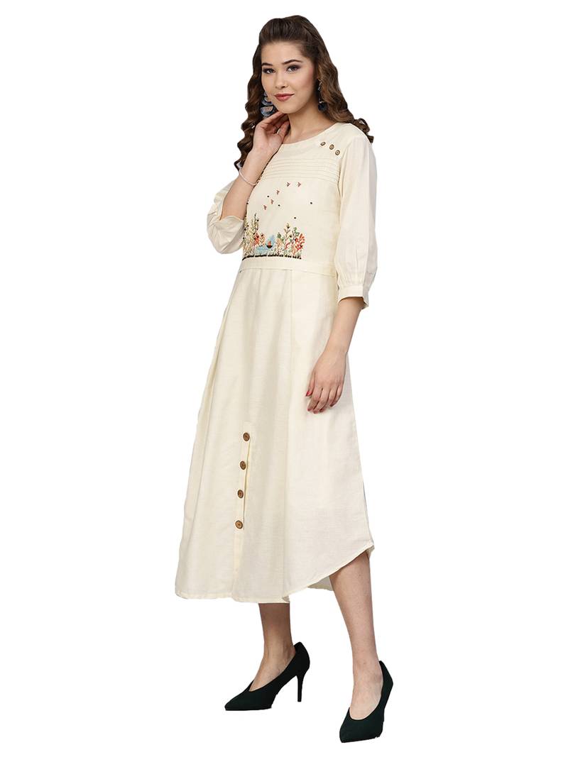Off White Cotton Flex Embroidered Dress