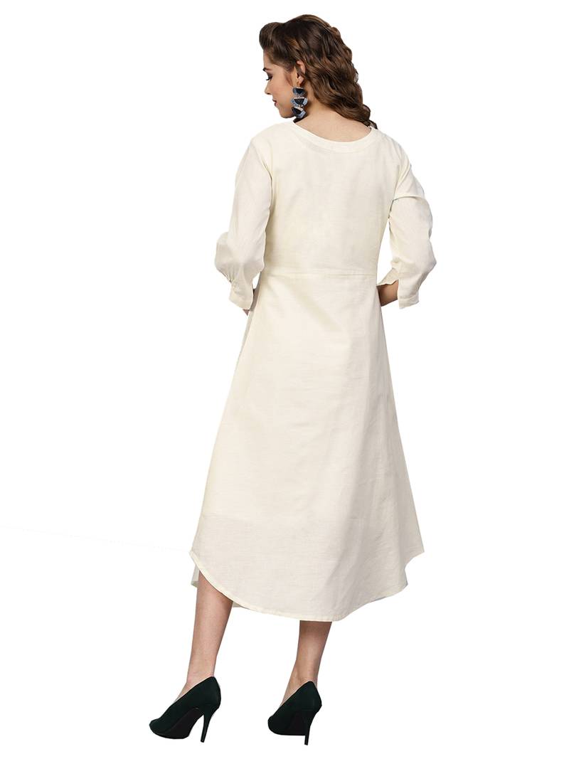 Off White Cotton Flex Embroidered Dress