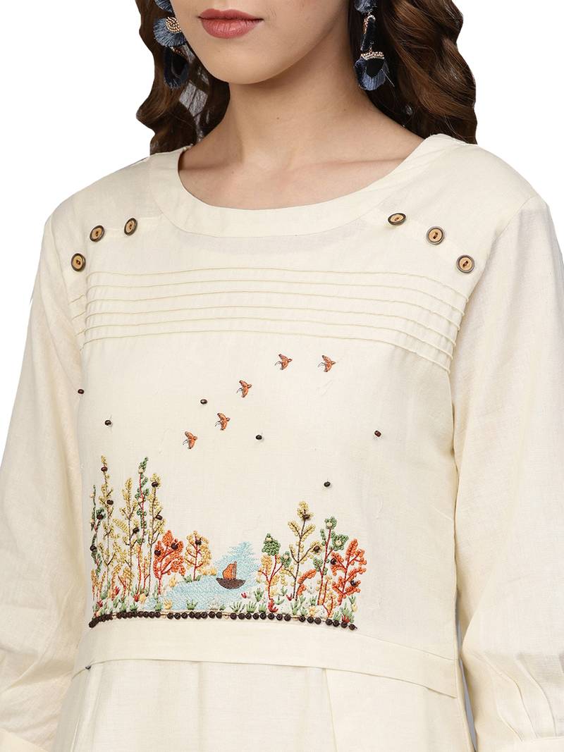 Off White Cotton Flex Embroidered Dress