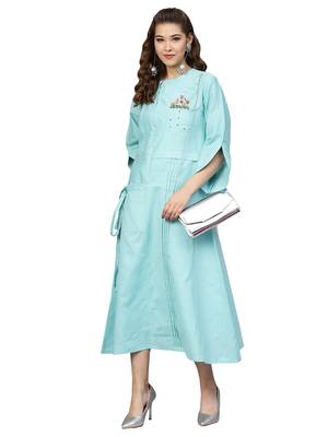 Blue Cotton Flex Embroidered Dress 1