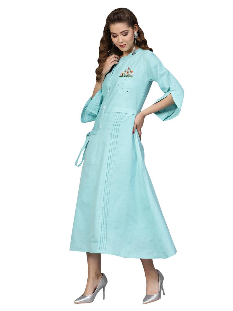 Blue Cotton Flex Embroidered Dress