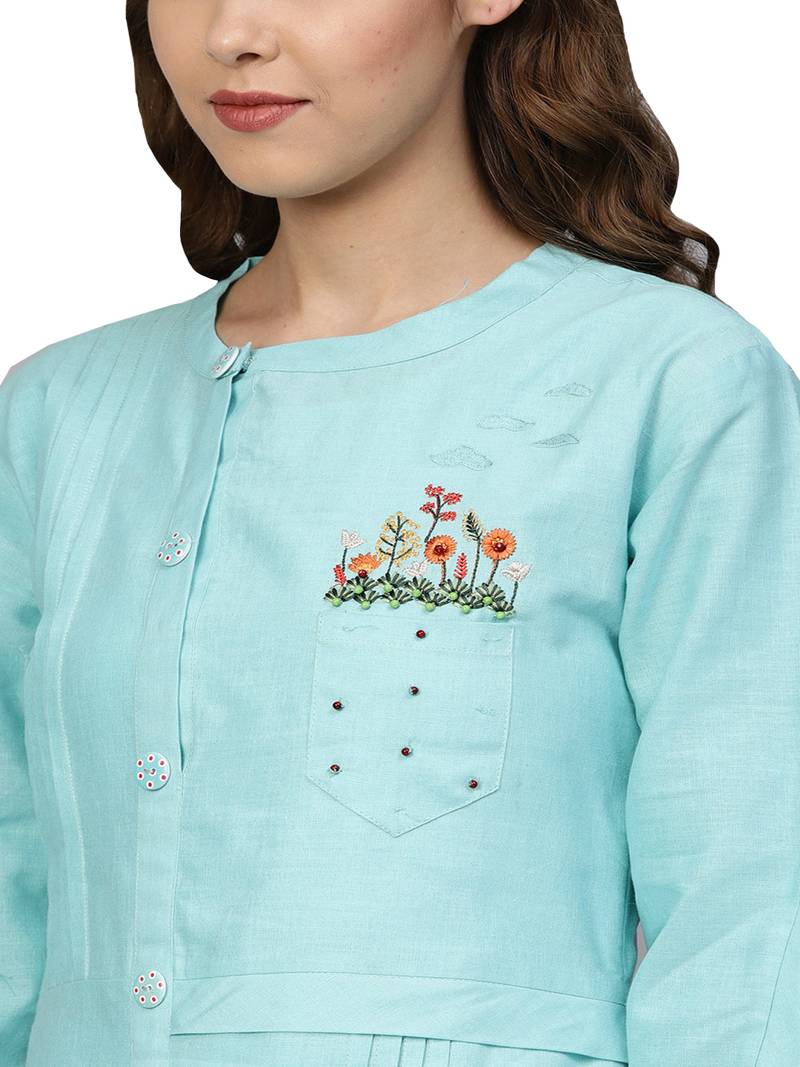 Blue Cotton Flex Embroidered Dress