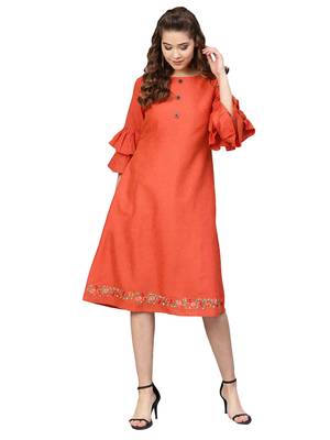 Orange Two Tone Handloom Cotton Embroidered Dress 1