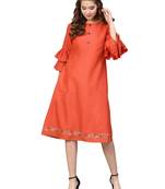 Orange Two Tone Handloom Cotton Embroidered Dress