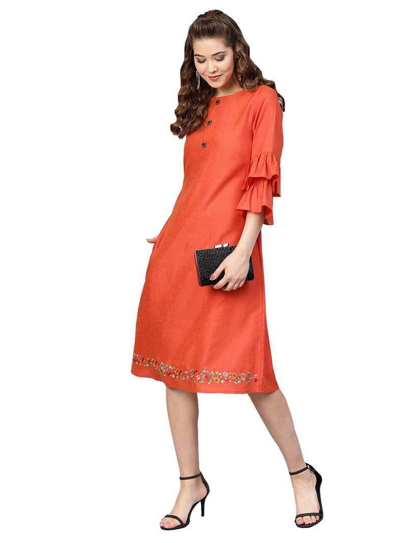 Orange Two Tone Handloom Cotton Embroidered Dress