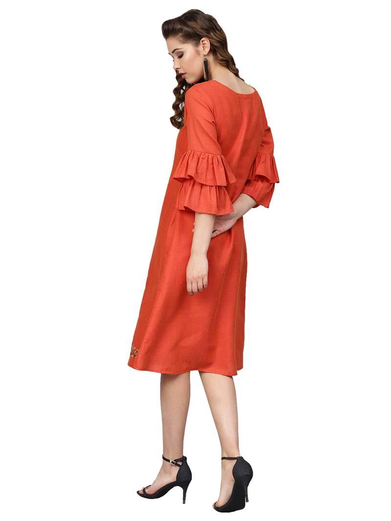 Orange Two Tone Handloom Cotton Embroidered Dress