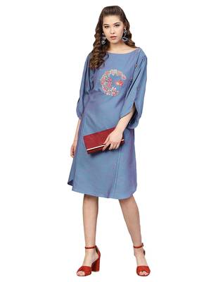 Blue Two Tone Handloom Cotton Embroidered Dress 1