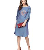 Blue Two Tone Handloom Cotton Embroidered Dress
