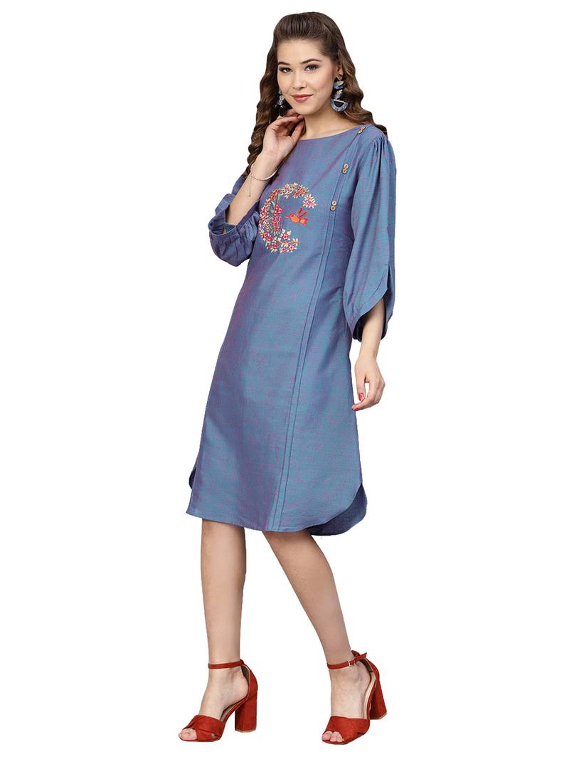 Blue Two Tone Handloom Cotton Embroidered Dress