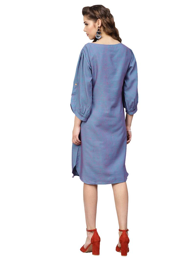 Blue Two Tone Handloom Cotton Embroidered Dress
