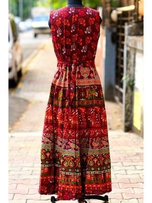 Wine Coloured Base Elephant And Flowers Printed designed Long Dress 1