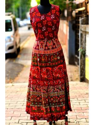 Wine Coloured Base Elephant And Flowers Printed designed Long Dress 2