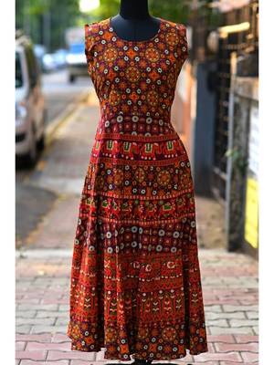 Wine Coloured base Elephant And Flowers Printed designed Long Dress 1