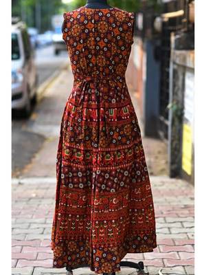 Wine Coloured base Elephant And Flowers Printed designed Long Dress 2