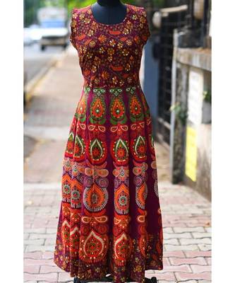 Dark Wine Coloured Rajasthani Printed Long Dress 1