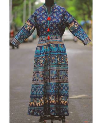 Navy Blue Colored Based Elephant Pattern Rajasthani Printed Long Frock/Tunic 1