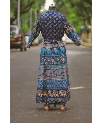Navy Blue Colored Based Elephant Pattern Rajasthani Printed Long Frock/Tunic 2