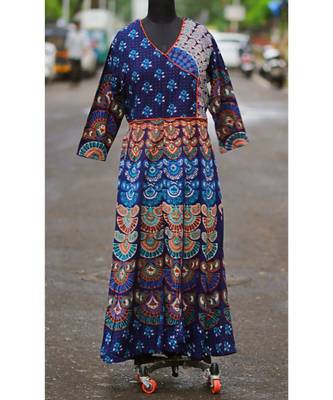 Navy Blue Colored Rajasthani Printed Long Dress Frock 1