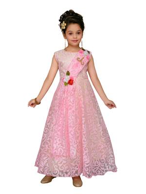 Pink Printed Blended Cotton Kids-Girl-Gowns 1