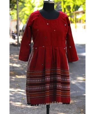 Red Colored Small Real Mirror Worked Designer Woolen Tunics With Tassels 1