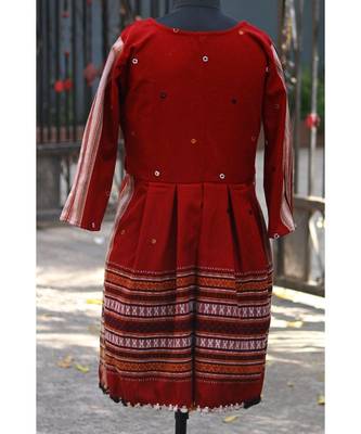 Red Colored Small Real Mirror Worked Designer Woolen Tunics With Tassels 2